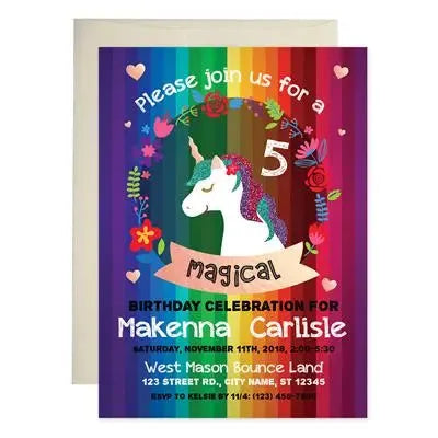 Unicorn rainbow birthday invitation card with colorful stripes, floral accents, and text.