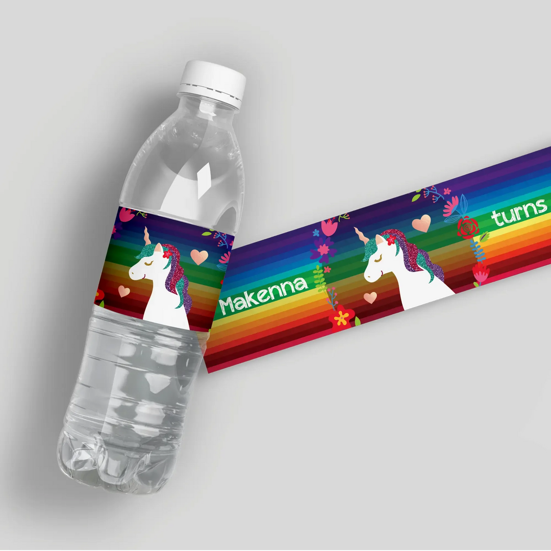 Unicorn rainbow birthday water bottle label with flowers and hearts on a striped background