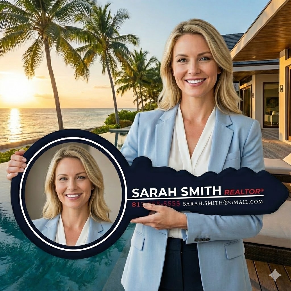 Real estate agent holding a sign with contact information against a scenic background