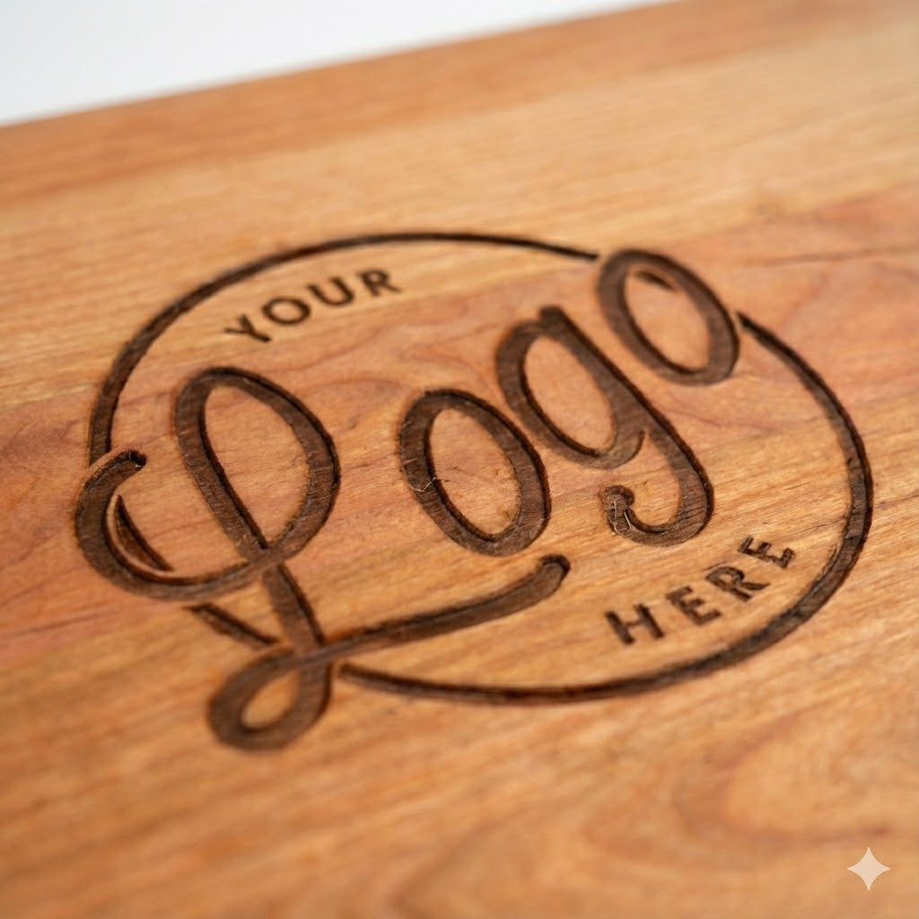 Close-up of custom wood engraving with the text Your Logo Here on a wooden surface