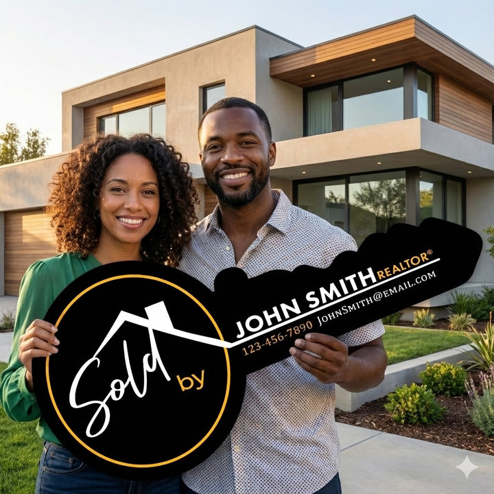 Couple holding a 'Sold by John Smith Realtor' sign in front of a modern house