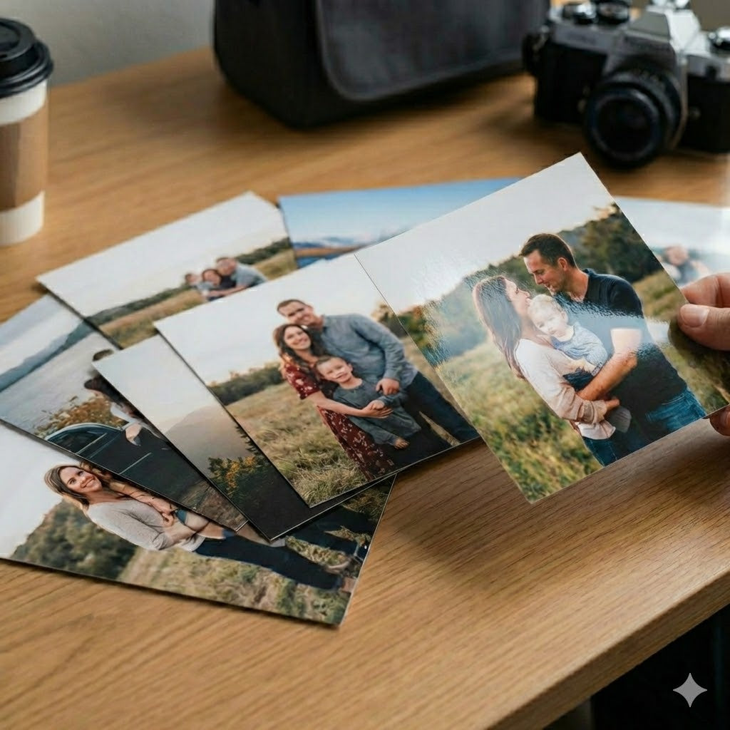 Collection of family photos on a wooden table with a camera and coffee cup in the background.