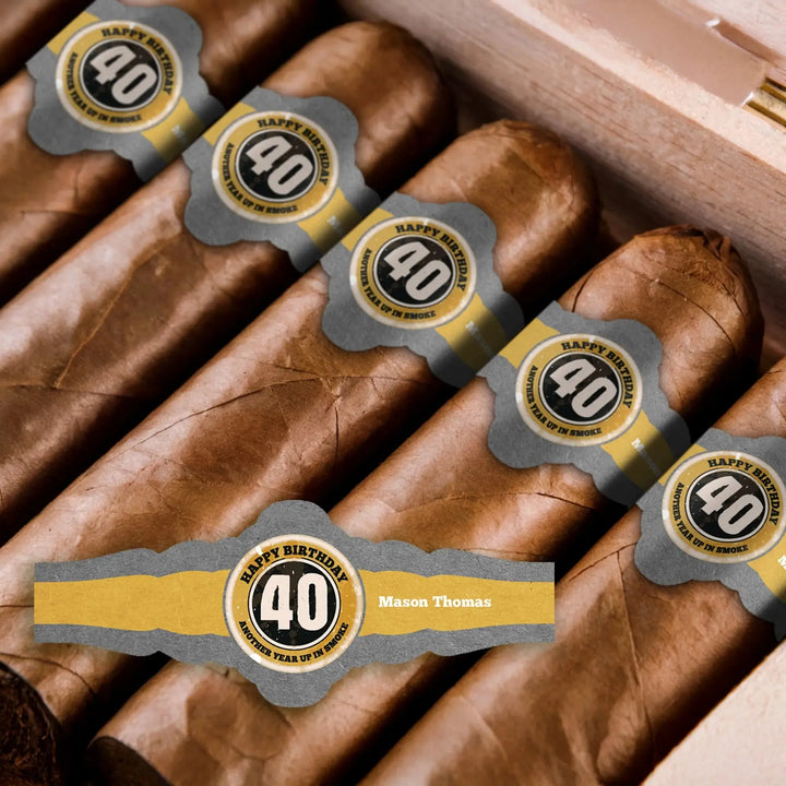 Box of cigars with custom '40th birthday' bands reading 'Happy Birthday 40 Another year up in smoke'.