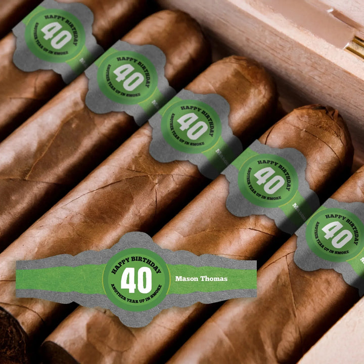 Brown cigars in a box with green happy 40th birthday cigar bands for birthday party favors