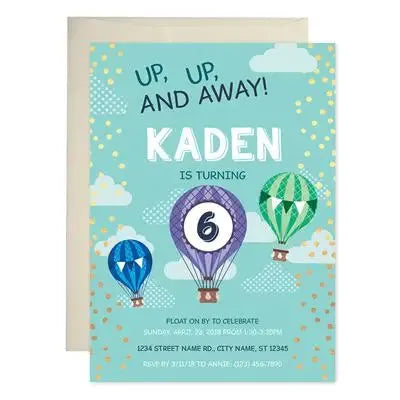 Up Up and Away birthday invitation with colorful hot air balloons and clouds on a blue background