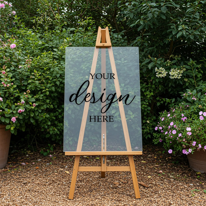 Clear acrylic vertical sign on wooden easel with text Your design here, surrounded by garden plants