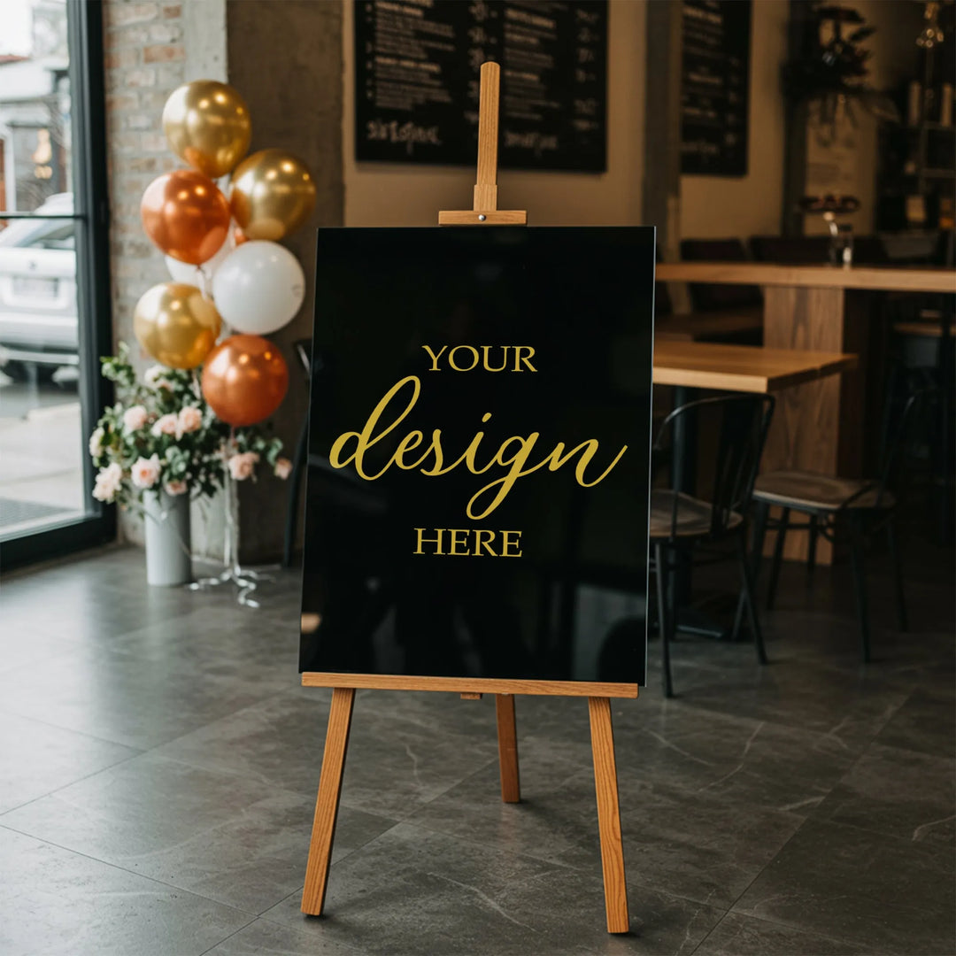 Black acrylic sign on wooden easel with gold text Your design here in modern interior near balloons and flowers