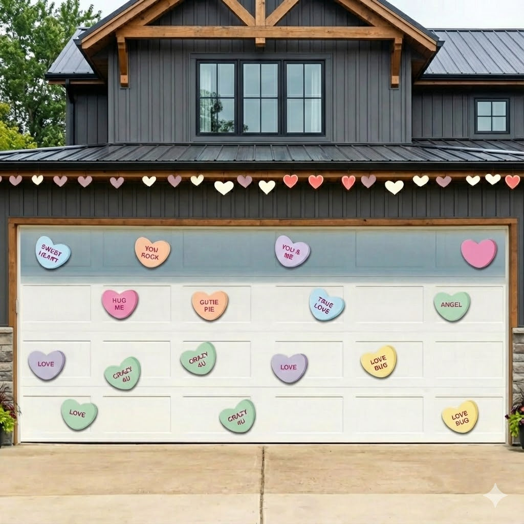 Garage door with colorful heart-shaped stickers and a house in the background