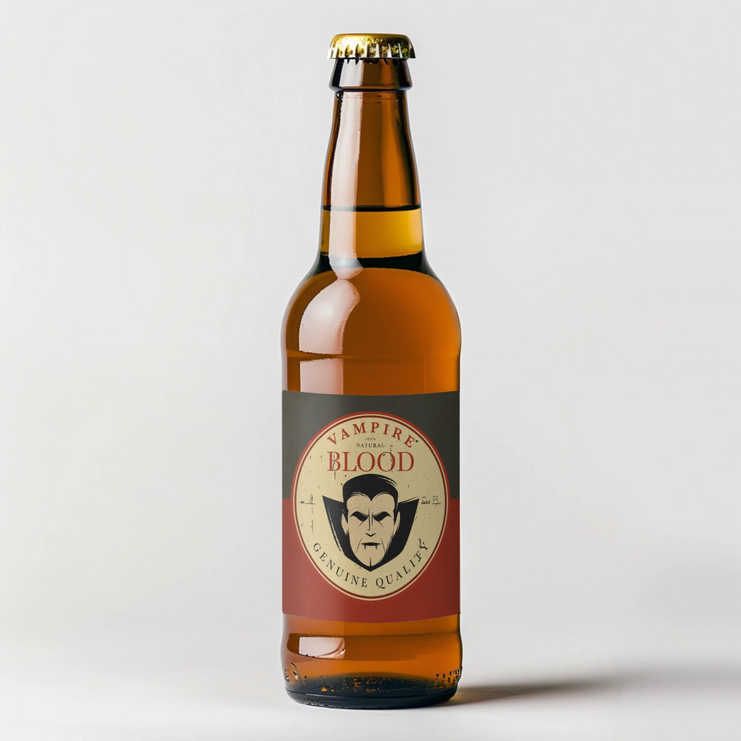 Vampire Blood beer bottle with Dracula-themed label on plain background