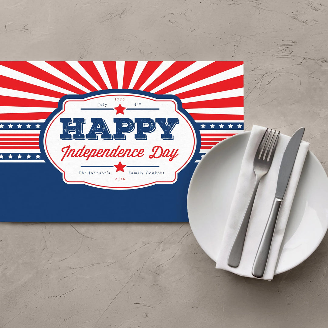 July 4th Happy Independence Day placemat with stars, stripes, and set dinner plate