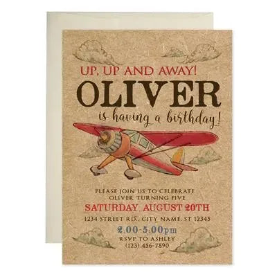 Vintage airplane birthday invitation with red and yellow biplane and clouds on kraft paper.