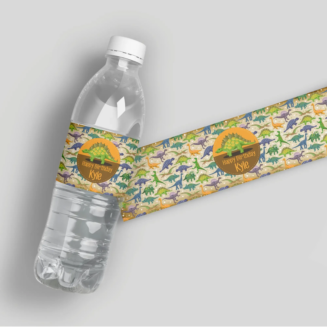 Vintage dinosaur birthday water bottle label with colorful dinosaur pattern and text Happy Birthday Kyle
