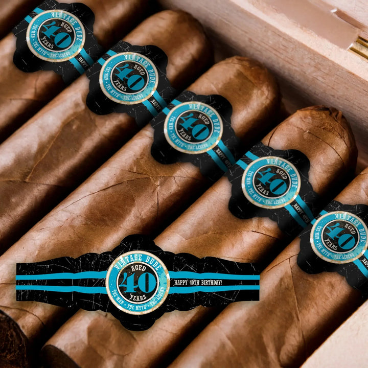 Vintage Dude 40th birthday cigar bands on cigars in wooden box