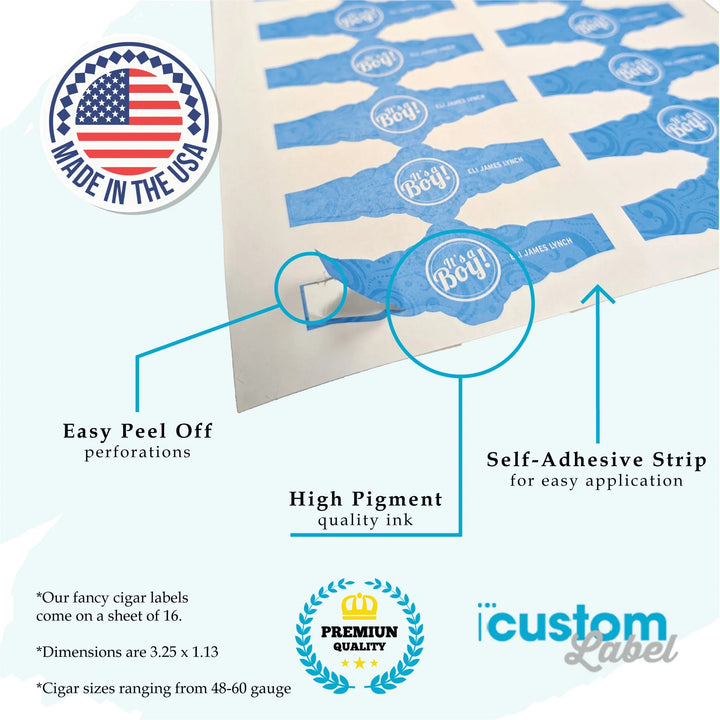 Sheet of blue 'It's a Boy!' cigar bands with peel-off perforations and self-adhesive strips.