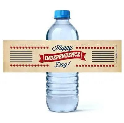 Plastic water bottle with vintage Independence Day label and patriotic red stars
