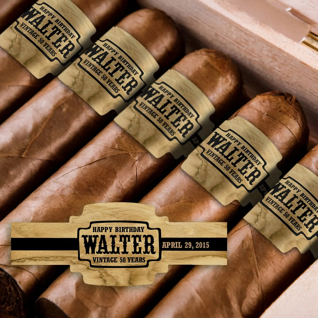 Vintage birthday cigar bands on cigars in a box, label reads 'Walter Vintage 50 Years'.