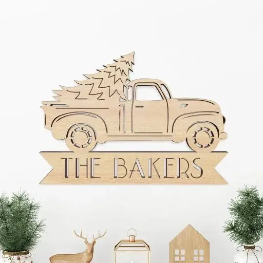Wooden vintage truck Christmas sign with tree and custom family name, holiday decor