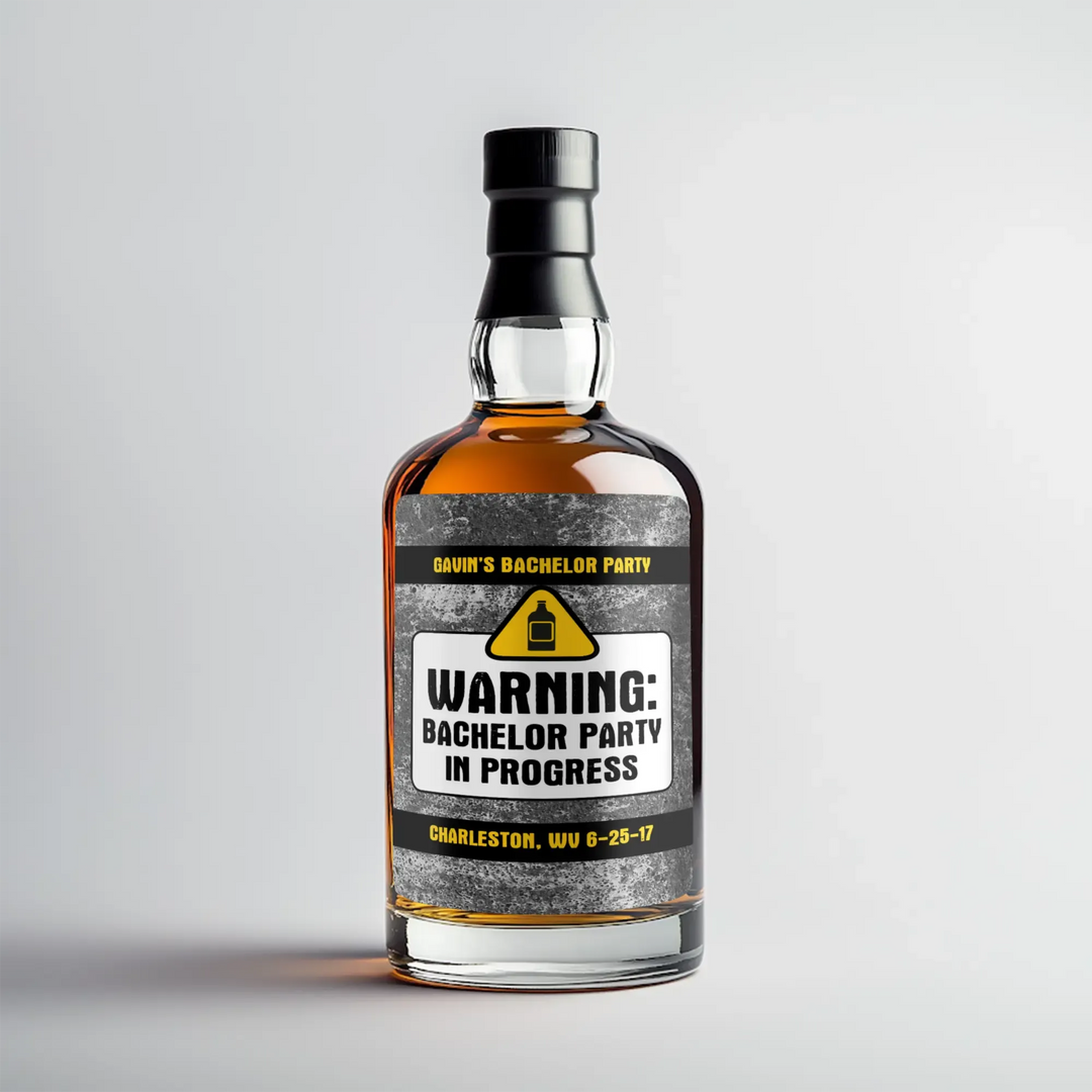 Whiskey bottle with custom bachelor party warning liquor label on gray background