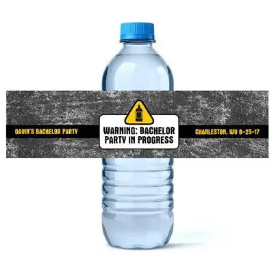 Bachelor party water bottle with warning label, custom text, and yellow caution sign
