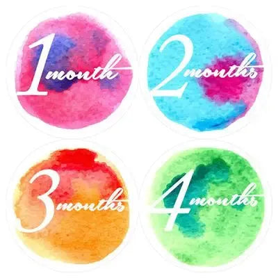 Watercolor baby month stickers labeled 1 to 4 months with colorful backgrounds