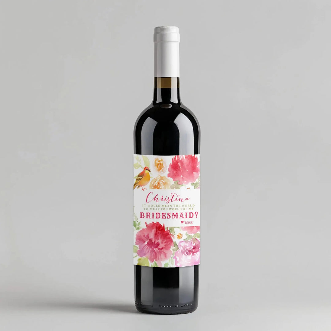 Wine bottle with watercolor bird and floral bridesmaid proposal label