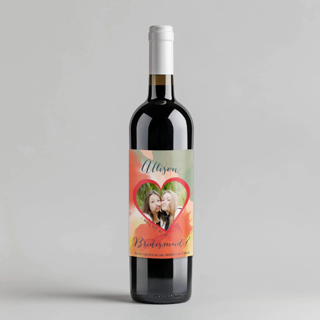 Custom watercolor bridesmaid wine label with heart photo and colorful design on bottle