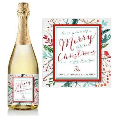 Watercolor Christmas champagne label with festive greenery and red berries design
