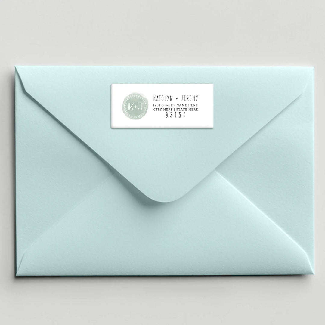 Mint envelope with watercolor monogram address label, personalized mailing sticker