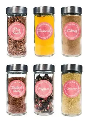 Six glass spice jars with metal lids and coral watercolor wreath spice labels