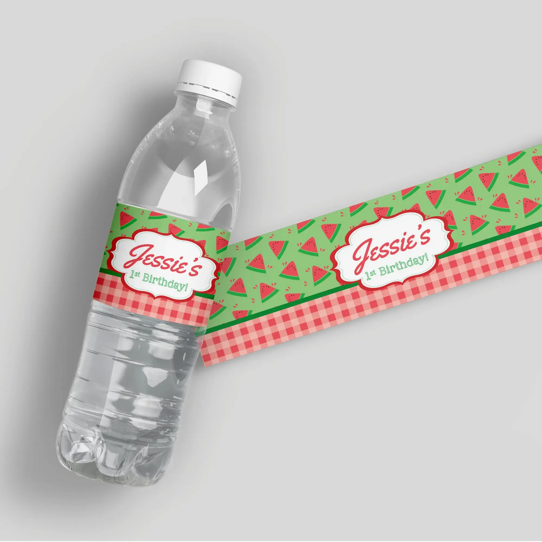 Water bottle with watermelon birthday label, green and red gingham, Jessie's 1st Birthday
