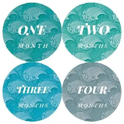 Waves-themed baby monthly milestone stickers for one to four months in teal and gray.