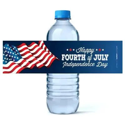 Fourth of July water bottle label with American flag and Independence Day text