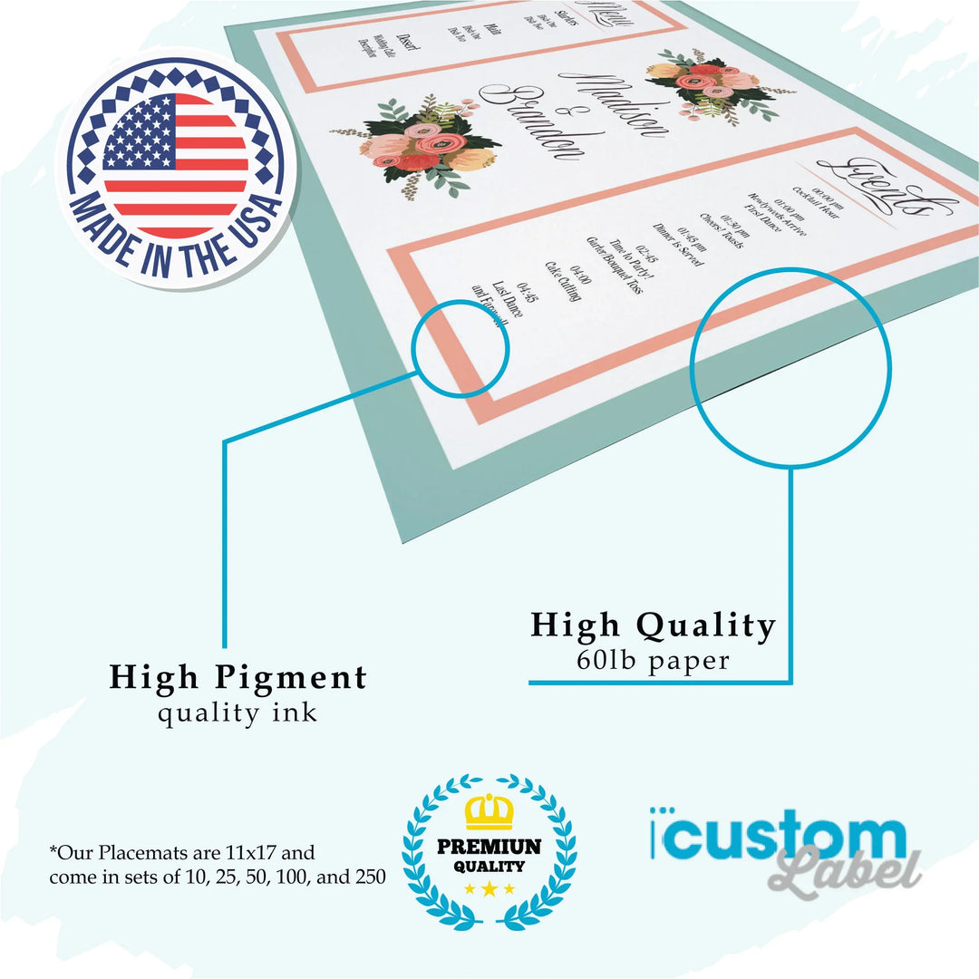 Wedding brunch placemat with floral design, premium ink, 60lb paper, made in the USA