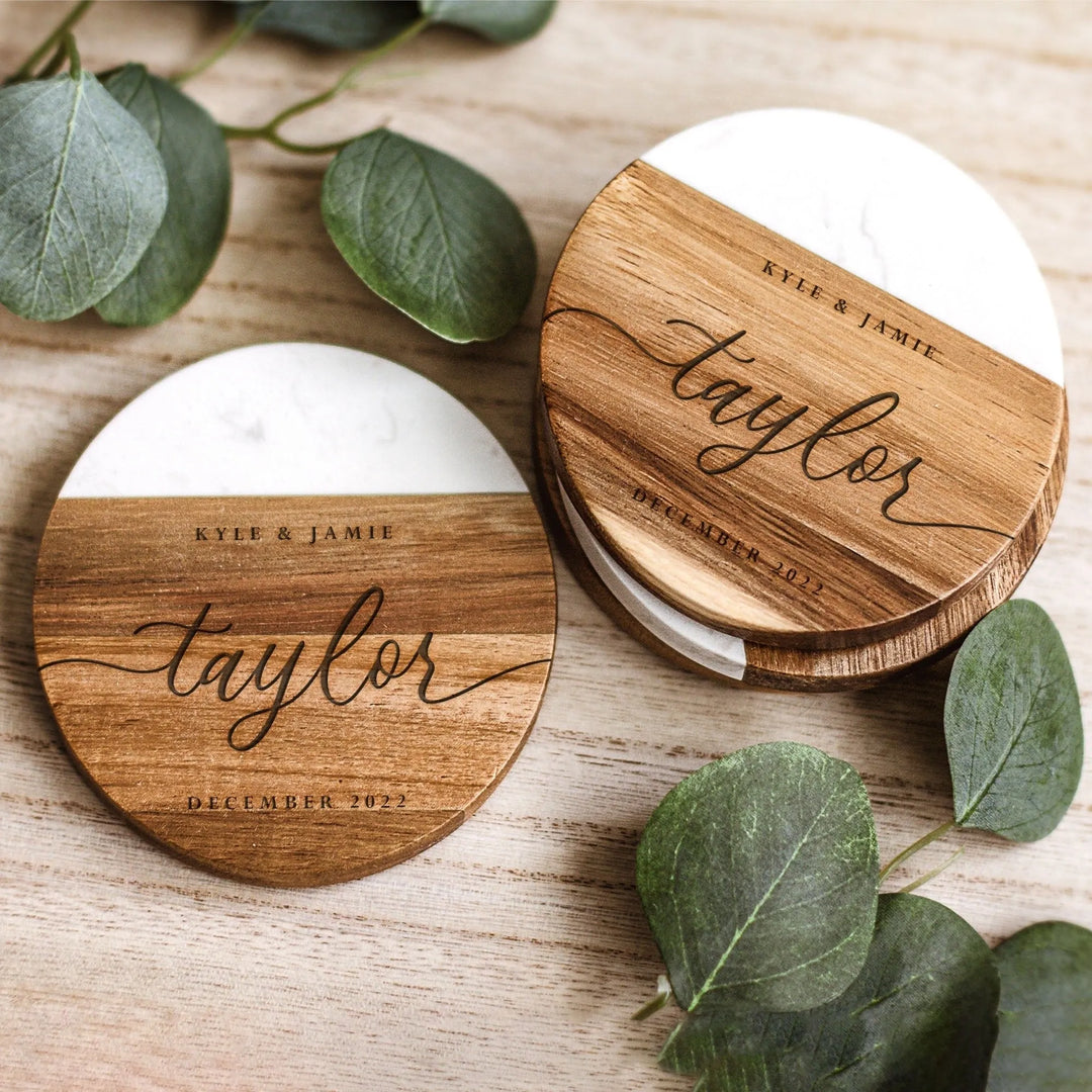 Wedding Marble Wood Coasters - iCustomLabel