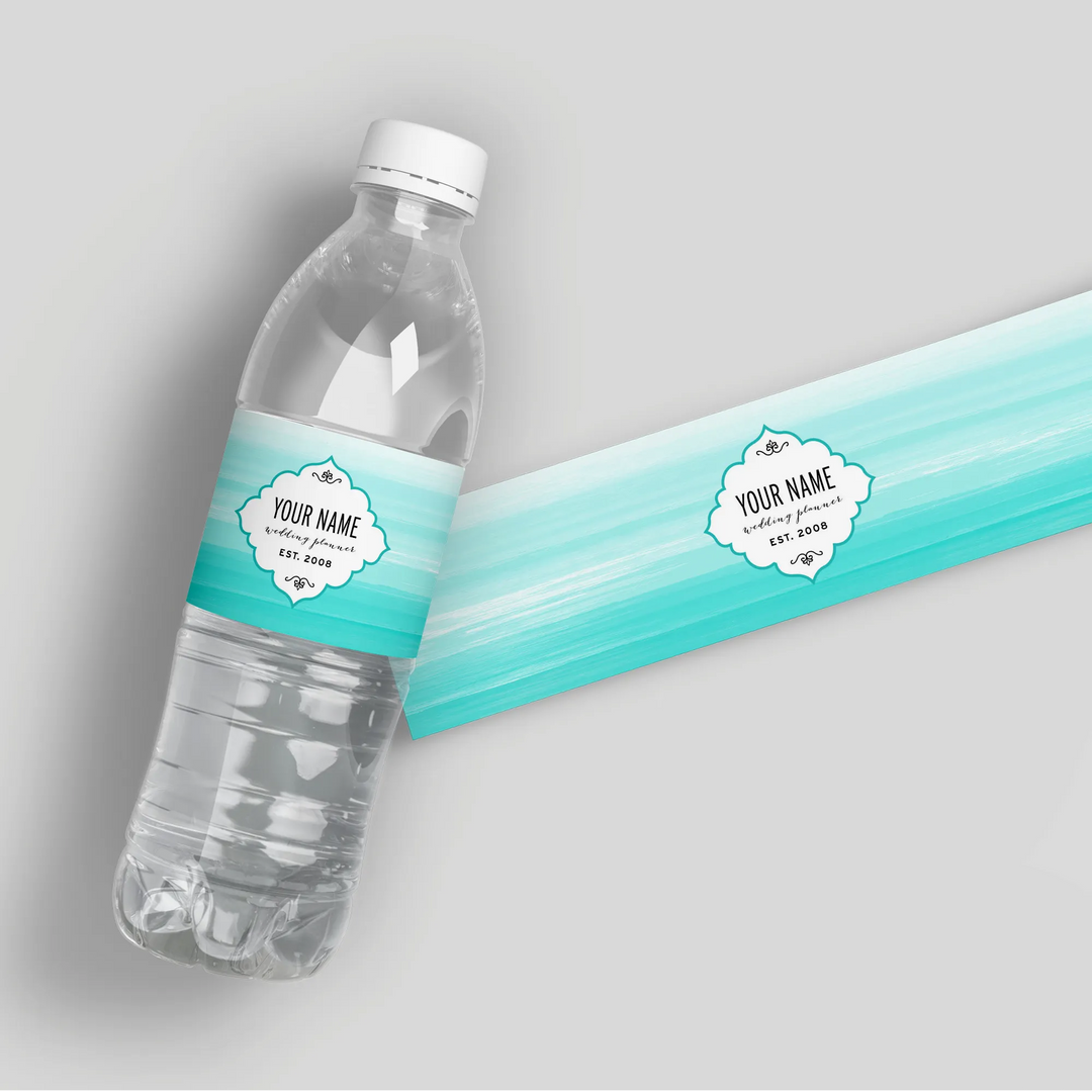 Blue watercolor wedding planner custom water bottle label on clear plastic bottle