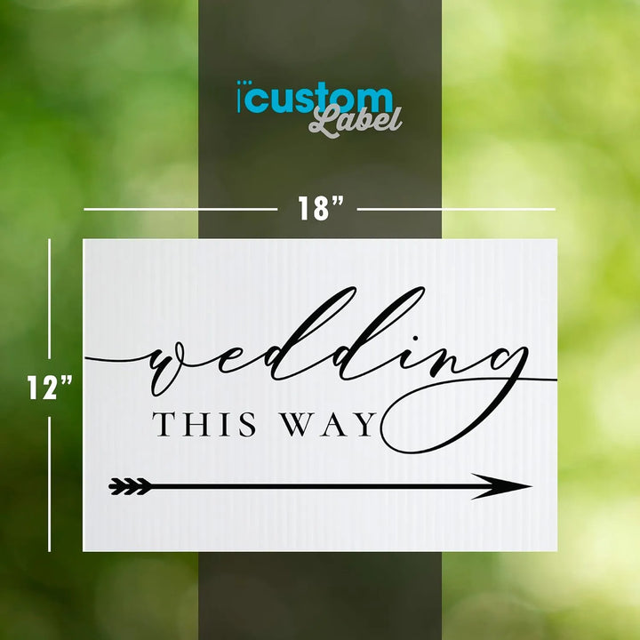 White 18x12 inch corrugated plastic wedding directional yard sign with black script text and arrow