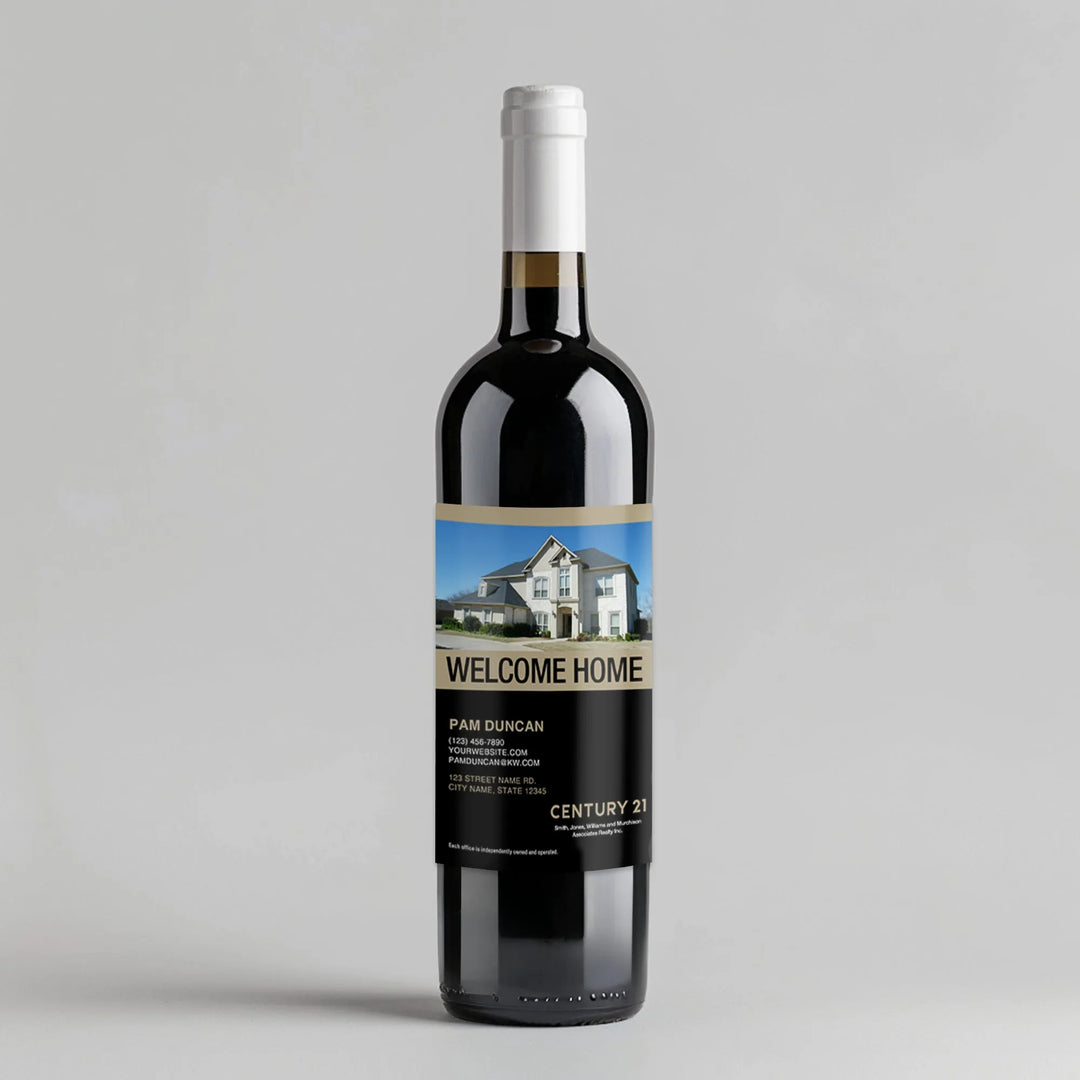 Century 21 welcome home wine bottle with custom label and house photo
