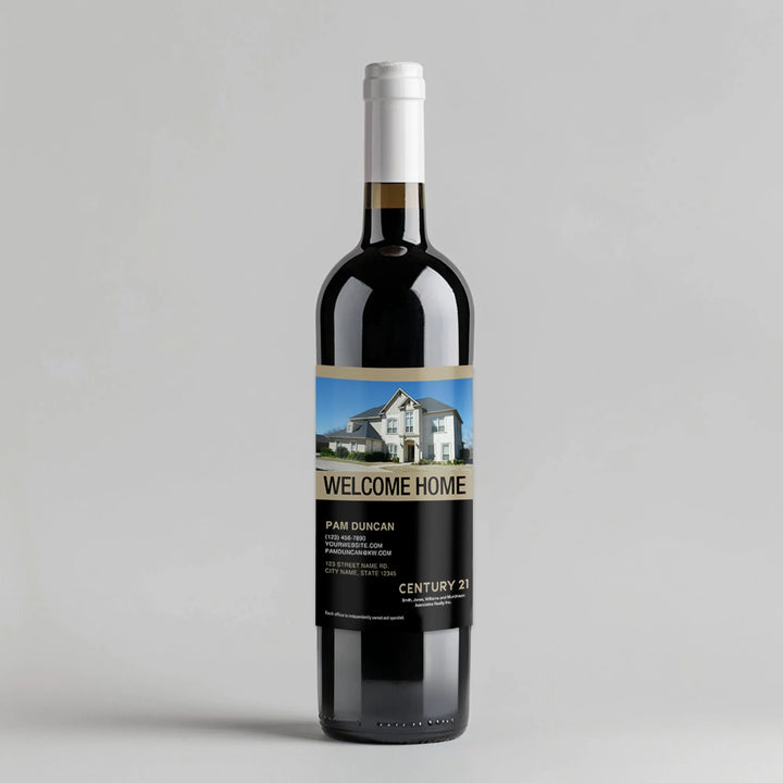 Century 21 welcome home wine bottle with custom label and house photo