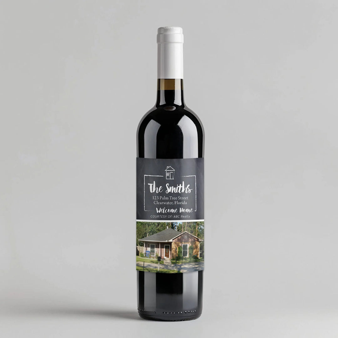 Welcome home realtor wine label on bottle with house photo and personalized details