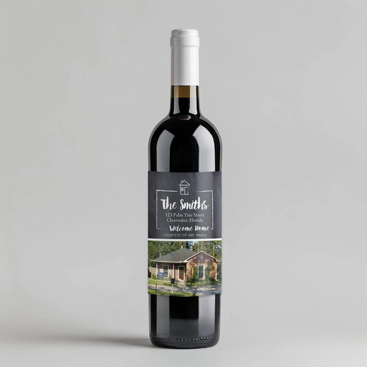 Welcome home realtor wine label on bottle with house photo and personalized details