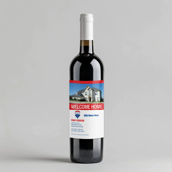 REMAX welcome home wine bottle with custom real estate label and house image