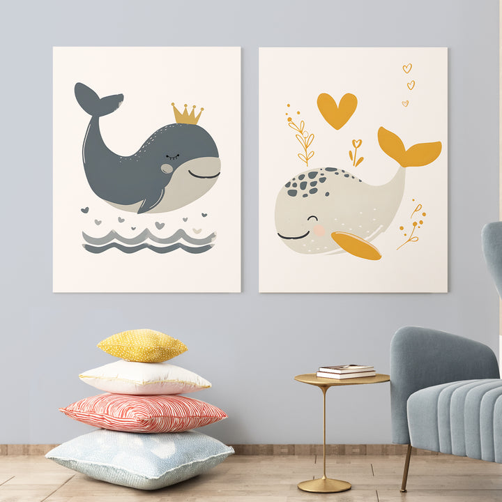 Whale Pair Poster – Cute Whale Nursery Wall Art with Crown and Heart Designs - iCustomLabel