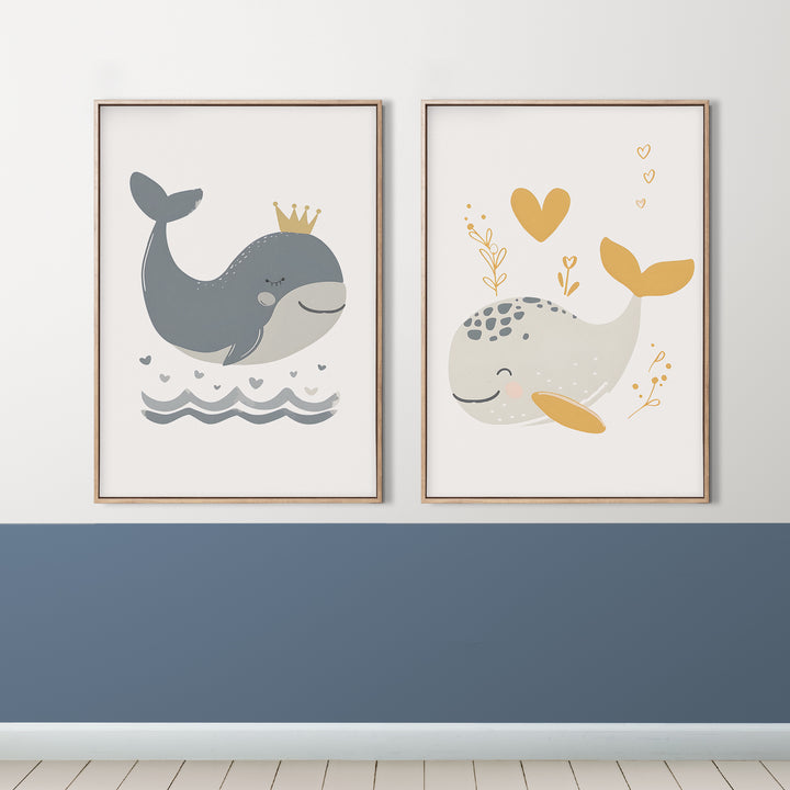 Whale Pair Poster – Cute Whale Nursery Wall Art with Crown and Heart Designs - iCustomLabel