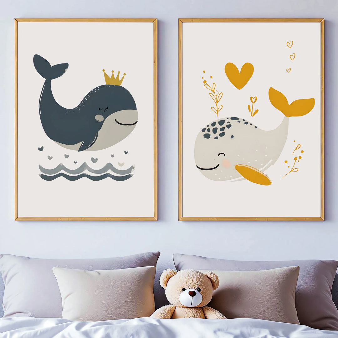 Whale Pair Poster – Cute Whale Nursery Wall Art with Crown and Heart Designs - iCustomLabel