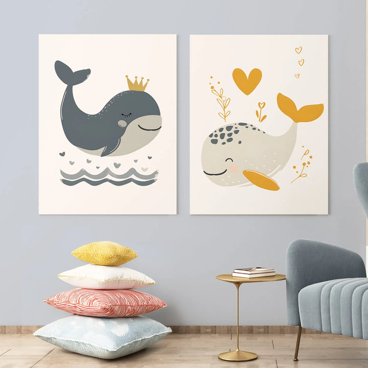 Whale Pair Poster – Cute Whale Nursery Wall Art with Crown and Heart Designs - iCustomLabel