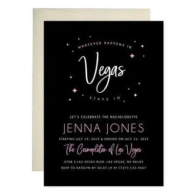 Vegas bachelorette party invitation with black background and white pink text accents
