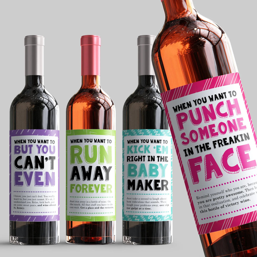 Funny wine bottle label set with bold, colorful text and humorous messages on gray background.