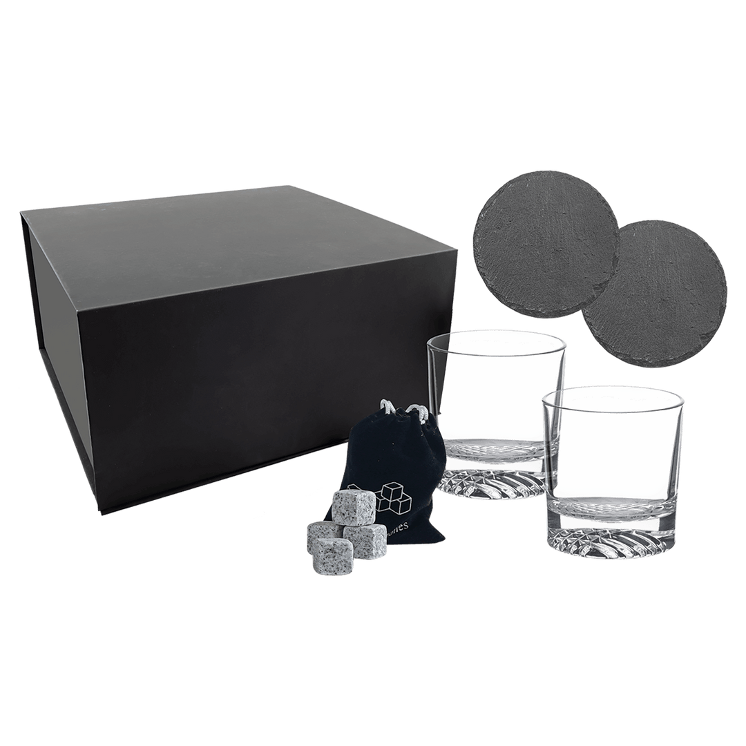 Custom Whiskey Glass Gift Box Set – Personalized Logo Engraved Rocks Glasses with Slate Coasters & Whiskey Stones