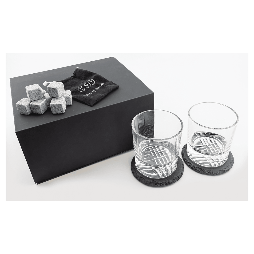 Custom Whiskey Glass Gift Box Set – Personalized Logo Engraved Rocks Glasses with Slate Coasters & Whiskey Stones