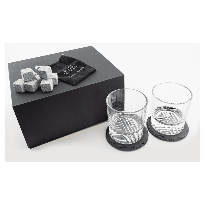 Custom Whiskey Glass Gift Box Set – Personalized Logo Engraved Rocks Glasses with Slate Coasters & Whiskey Stones